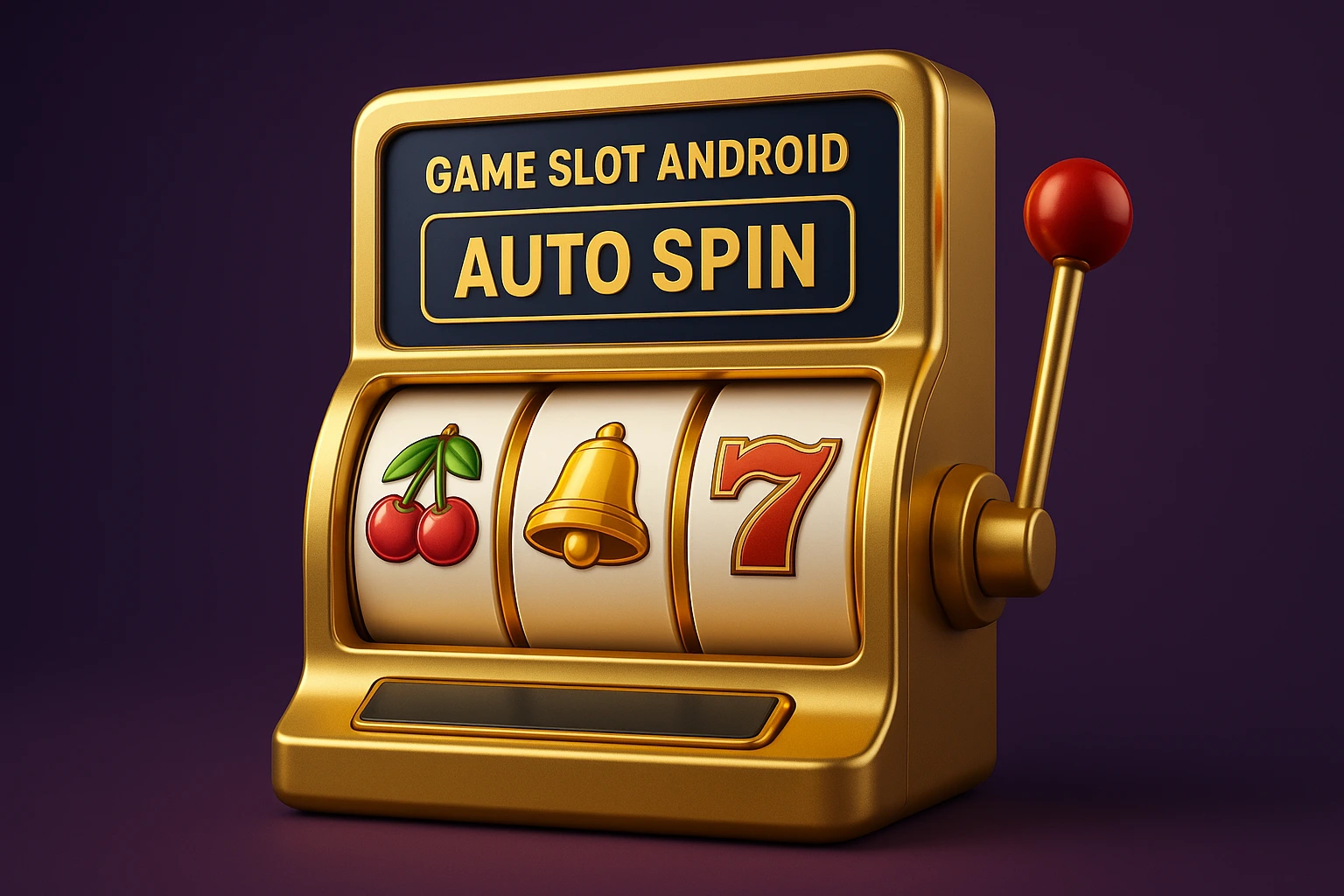 Mesin slot Android 3D dengan fitur auto spin, menampilkan simbol cherry, lonceng, dan angka tujuh dalam desain mewah berwarna emas
